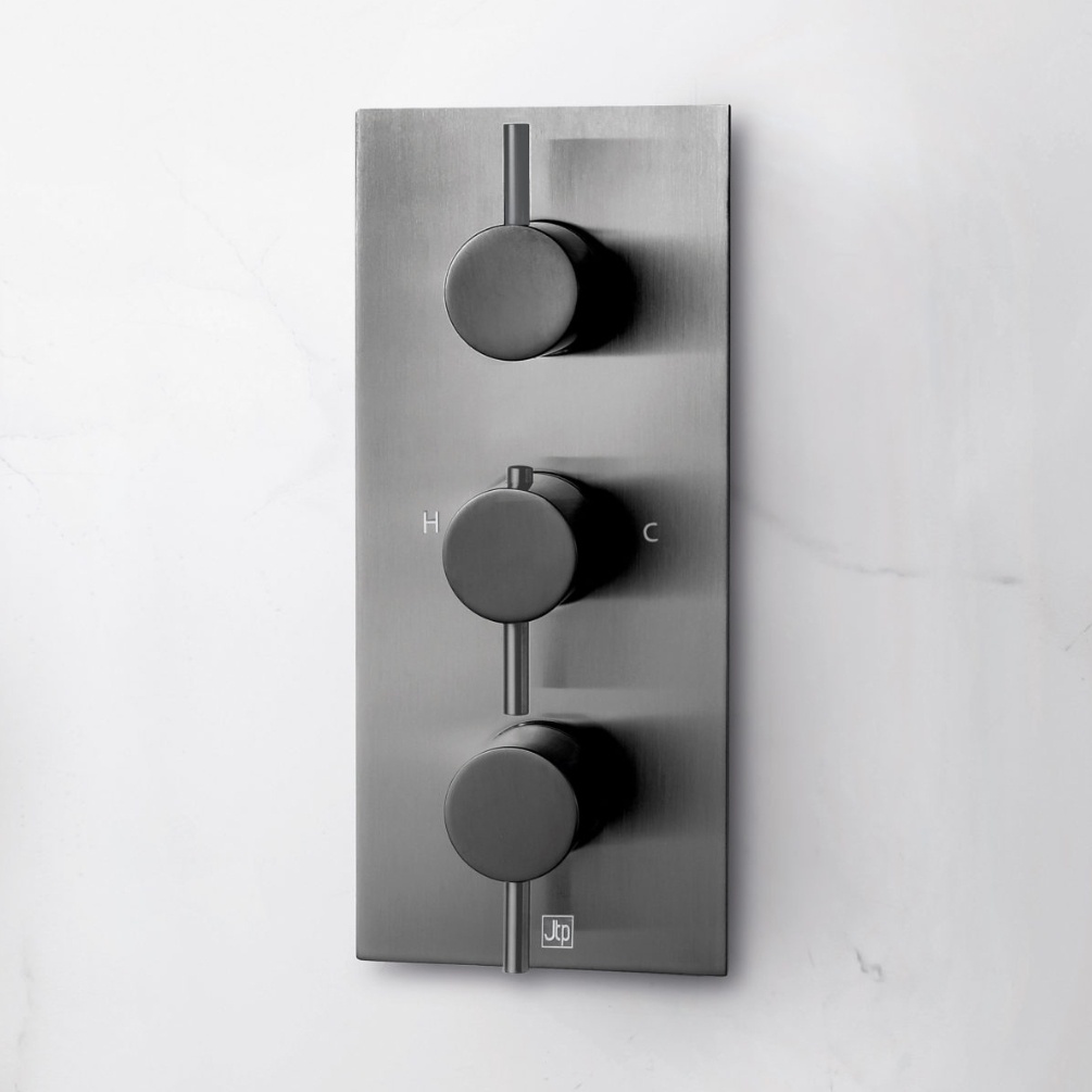 Close up product image of the JTP Vos Brushed Black Dual Outlet Portrait Shower Valve